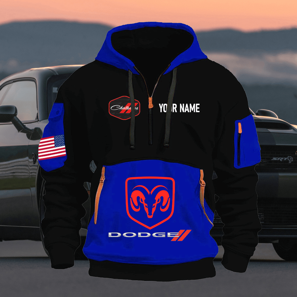 Dodge Challenger Personalized Name Blue & Black Quarter Zipper Hoodie