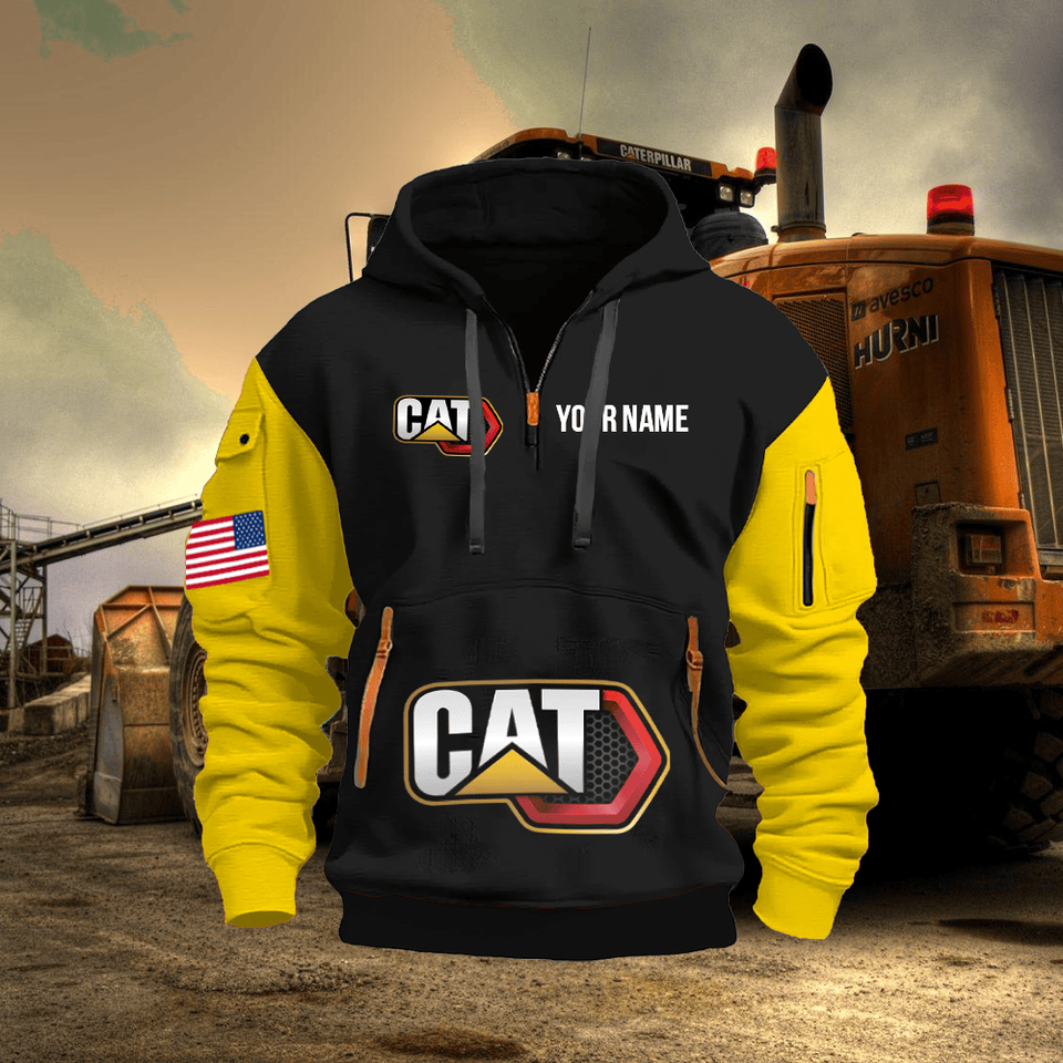 Caterpillar Personalized Name Black Quarter Zipper Hoodie - Yellow Sleeve