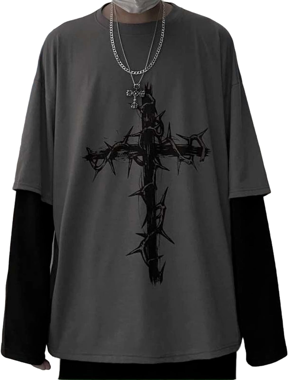 Men Women Gothic Long Sleeve Top Graphic Tee – Emo Y2K Grunge Streetwear Shirt Thorn Cross Print Punk Sweatshirt