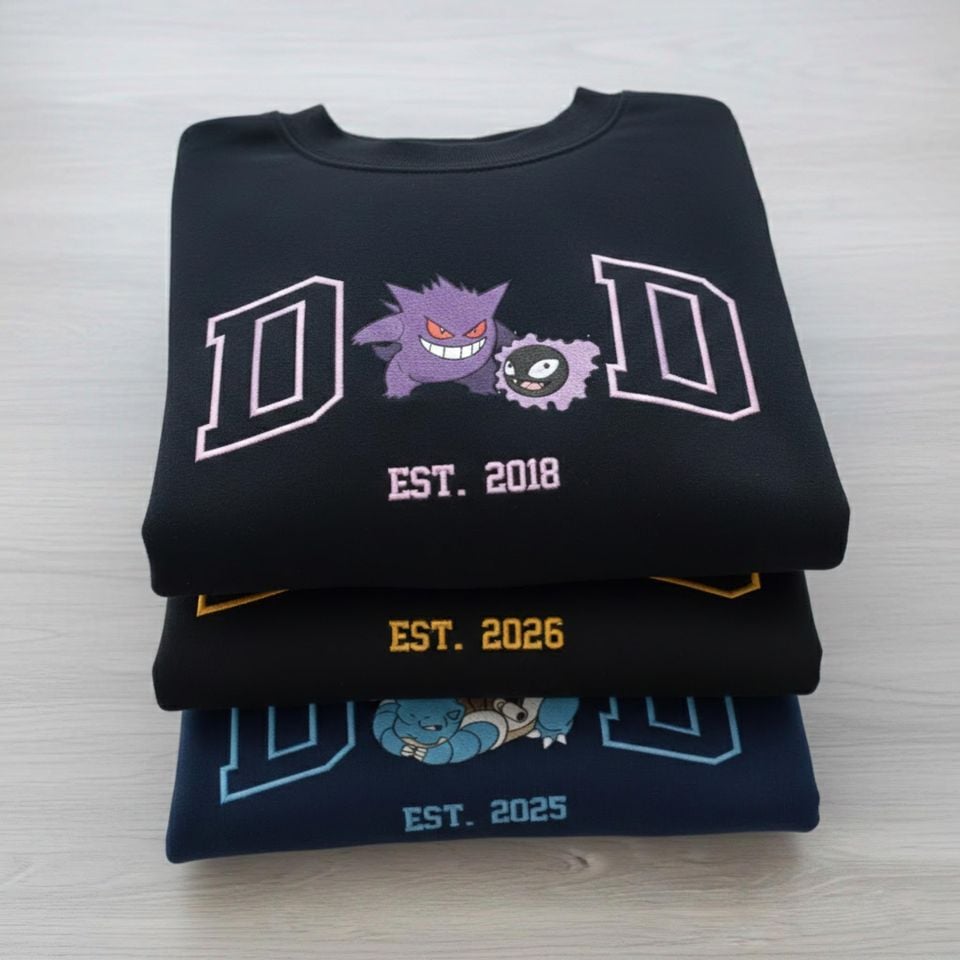 Embroidered Custom Pokedad Character Hoodie, Cute Poke Dad Characters Sweatshirt, Cozy Anime Embroidery, Gift for PKM Fans, Gift for dad