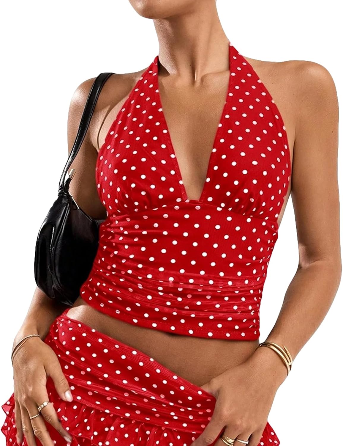 Women Y2k Coquette V Neck Polka Dot Mesh Crop Halter Tops Sexy Open Back Tie Up Fitted Ruched Tank Summer Shirts