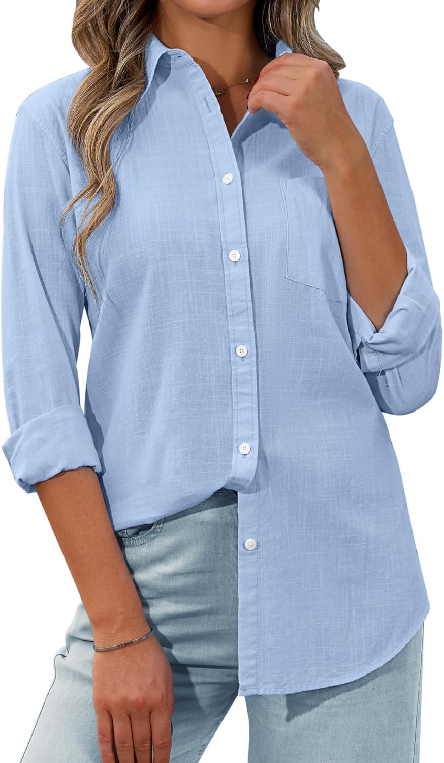 Womens Button Down Shirt Linen Button Up Shirts for Women Long Sleeve Summer Shirt Collared Blouse Linen Tops