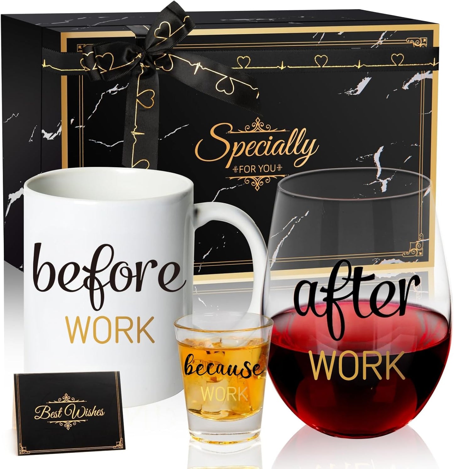 PUGED Before Work After Work Because Work Gift Set 11 oz Coffee Mug 18 oz Wine Glass 2 oz Shot Glass with Gifted Box for Coworkers Boss Office Gifts Bosses Day Christmas Farewell Party Gift (Black)