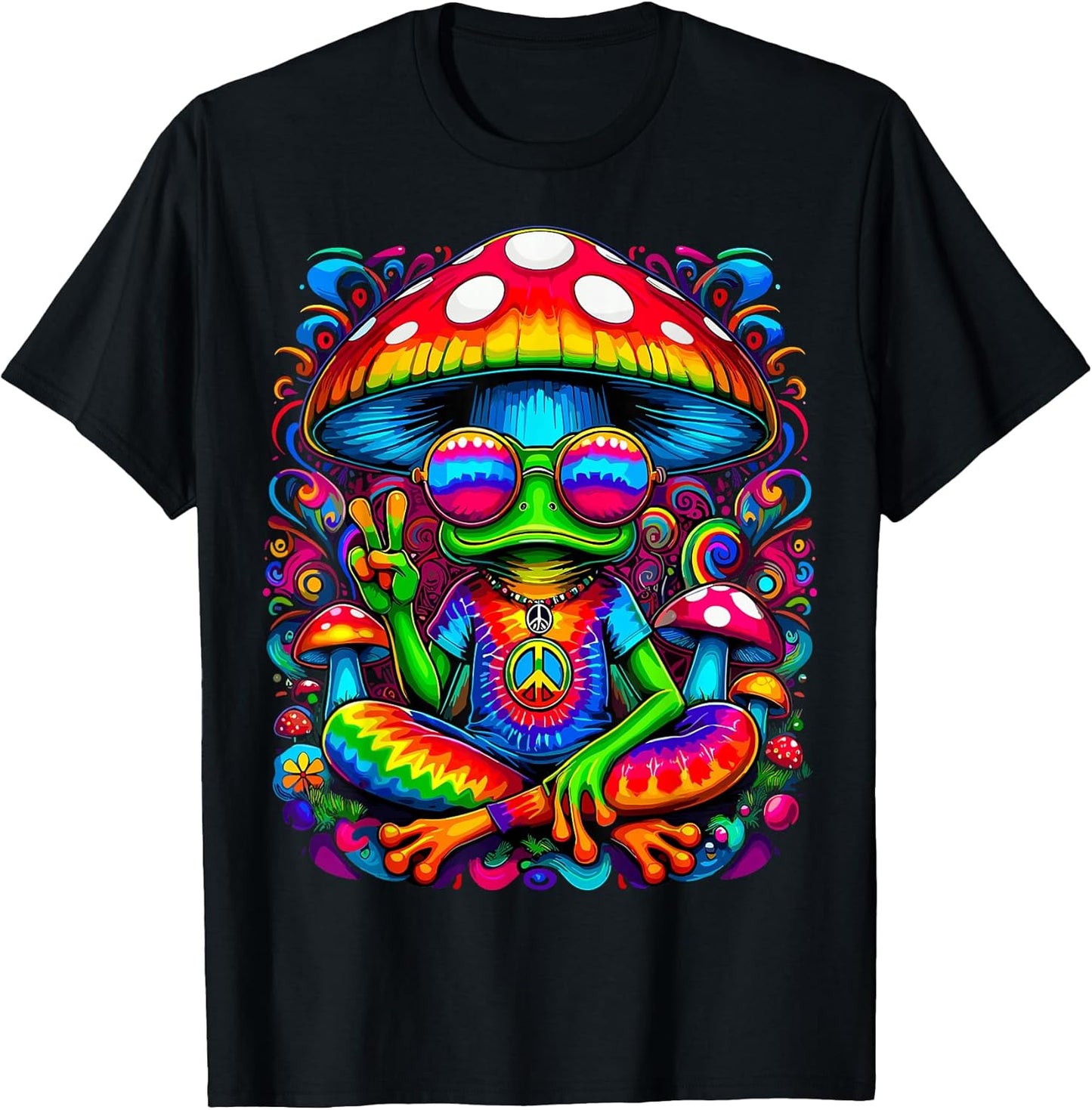 Hippie Tie-Dye Frog with Mushroom Peace Sign T-Shirt