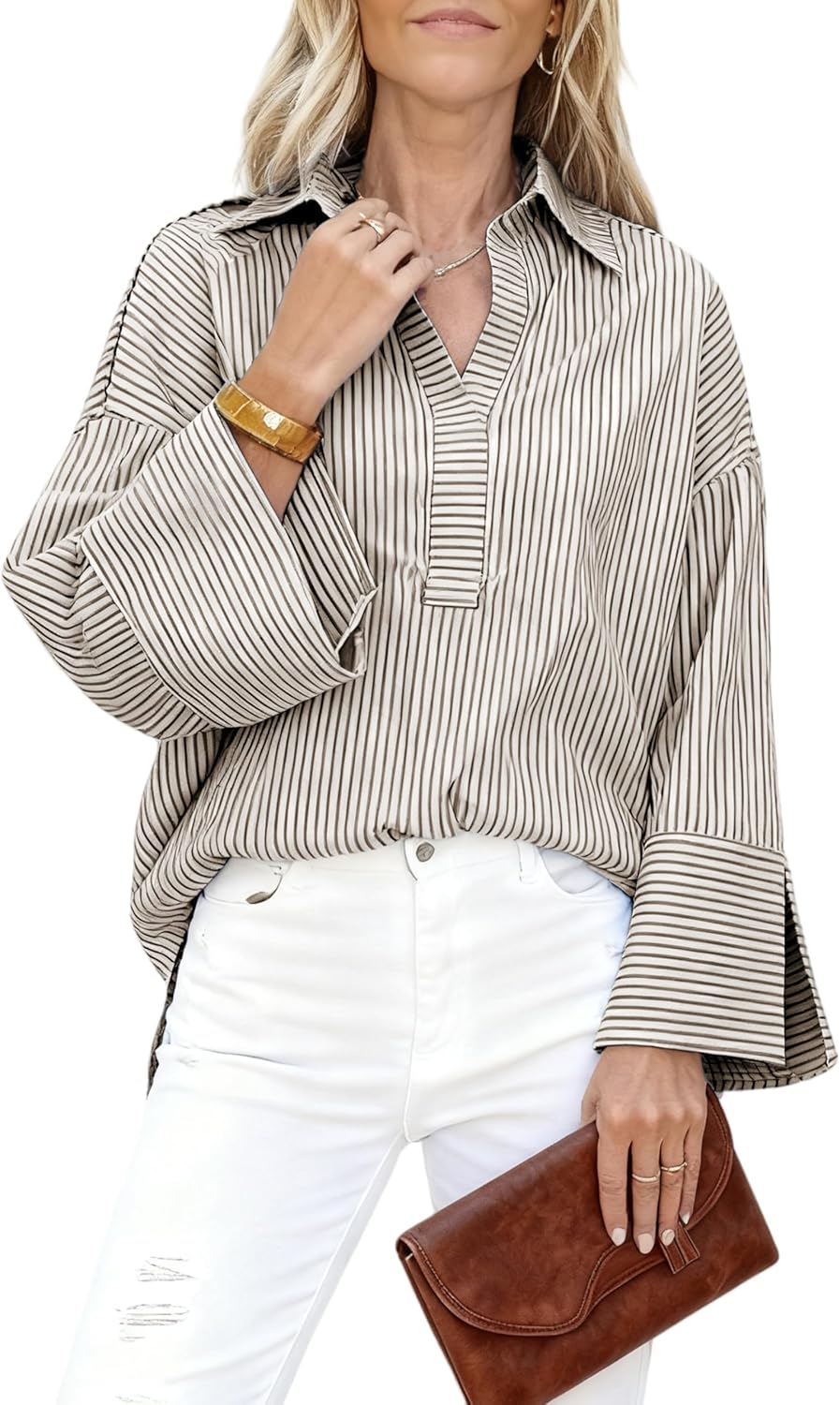Women Button Down Shirt Casual Striped Print Dressy Henley Shirts Oversize Long Sleeve Collared Office Work Blouse