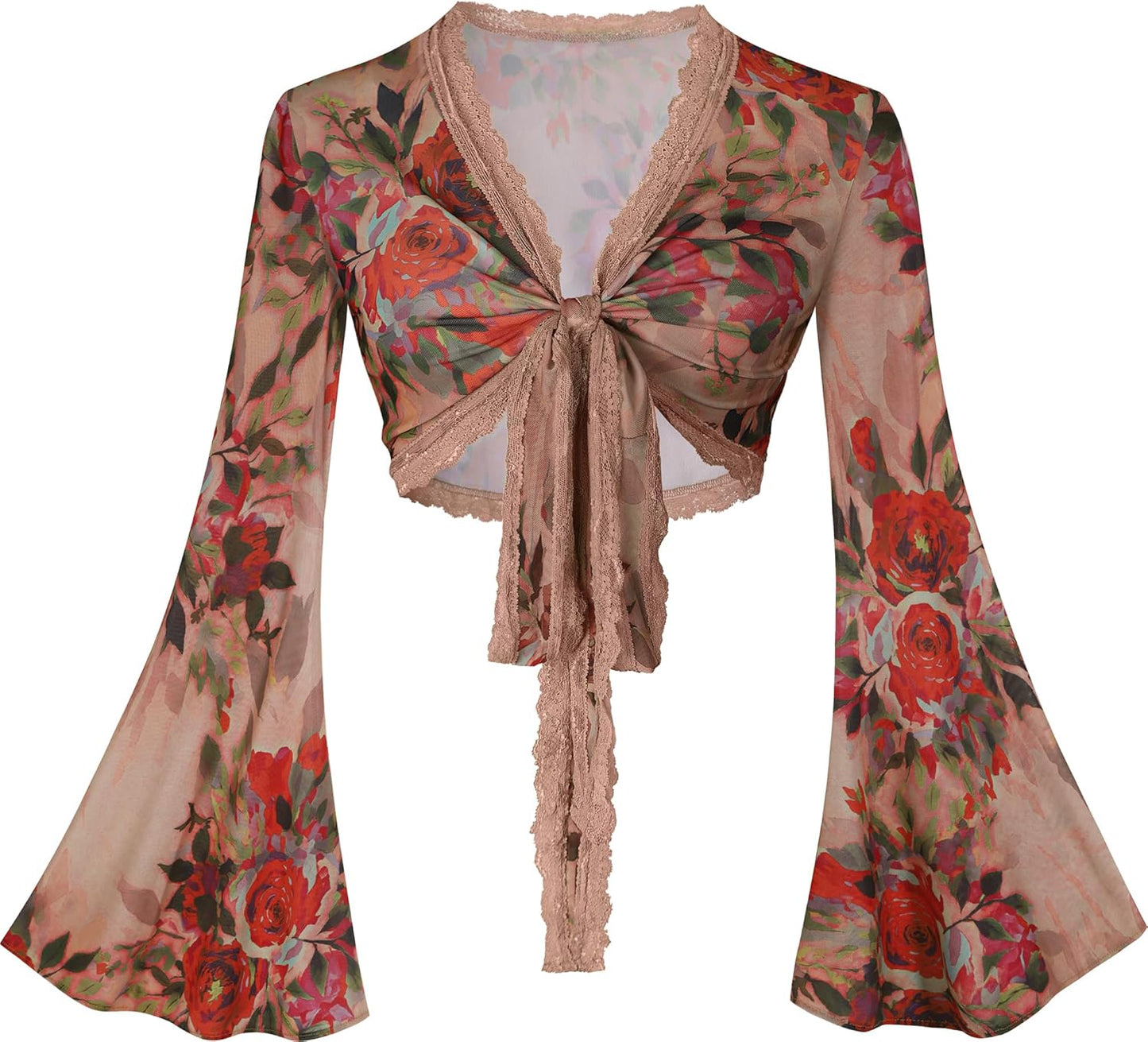 Bell Sleeve Tops for Women Tie Front Long Sleeve Floral Mesh Crop Top 70s Outfit Rave Festival Hippie Wrap Shirt