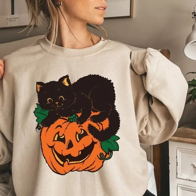 Black Cat Pumpkin Sweatshirt, Fall Sweatshirt, Halloween Sweatshirt, Black Cat Halloween Hoodies