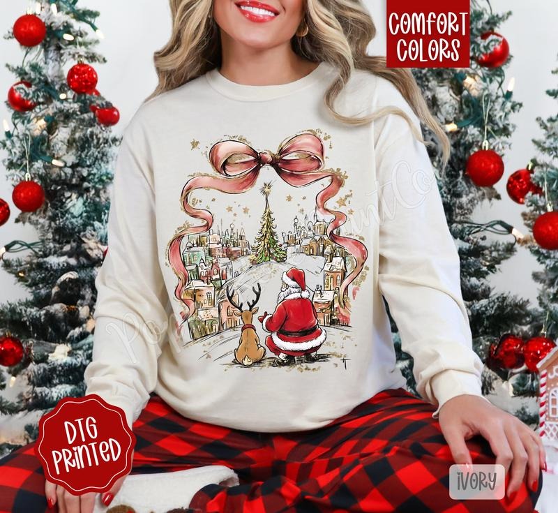 Coquette Christmas Town Comfort Colors Long Sleeve T-Shirt, Cute Women's Holiday Tee