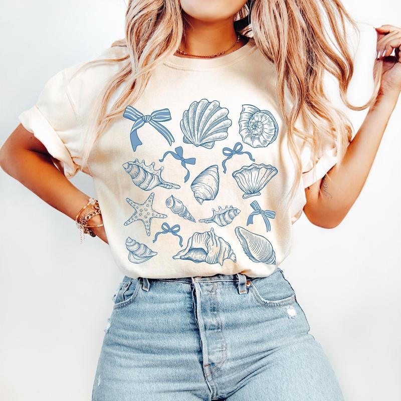 Coquette Seashell Coastal Beach Shirt, Retro Summer Vibes Tee, Summer Coquette Bow Shirt, Vintage Summer Girls Trip Gift