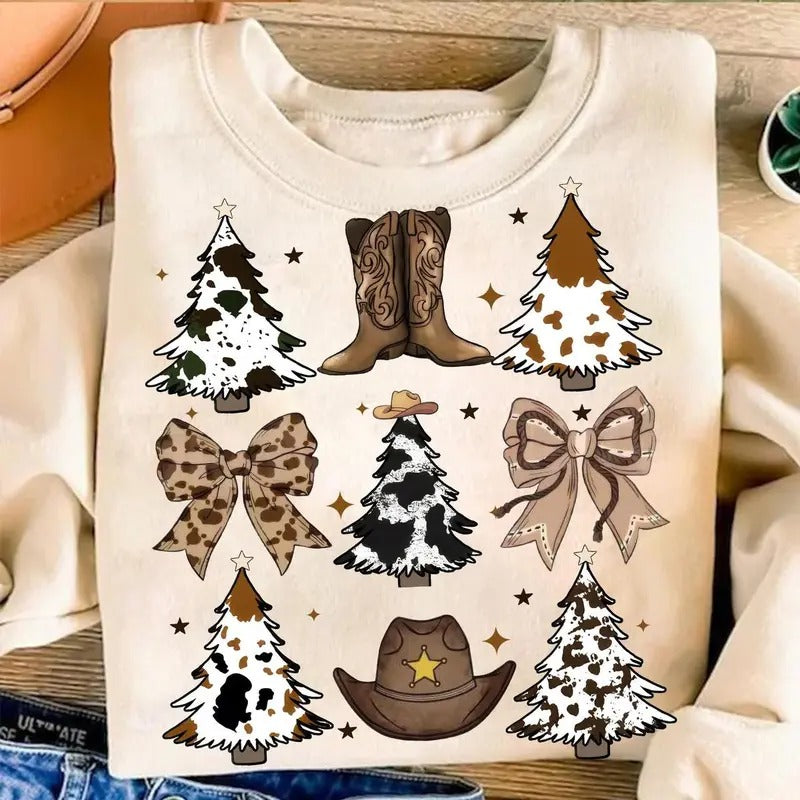 Coquette Western Christmas Tree sweatshirt,hoodie,tshirt, Cowgirl Howdy Christmas Tree Sweatshirt, Girls Leopard Coquette Bow Holiday Clothing, Unisex