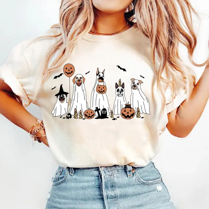 сUte Ghost Dog T Shirt, Ghost Dog Tee, Halloween Dog T Shirt, Spooky Season Gift, Dog Lovers Tshirt, Halloween Cute Shirt, Unisex Short Sleeve Tee Shirt, Casual Clothing Top Womenswear Women Lady