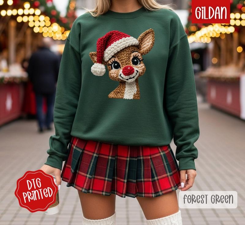 Faux Crochet Rudolph Sweatshirt, Trendy Women's Christmas Crewneck