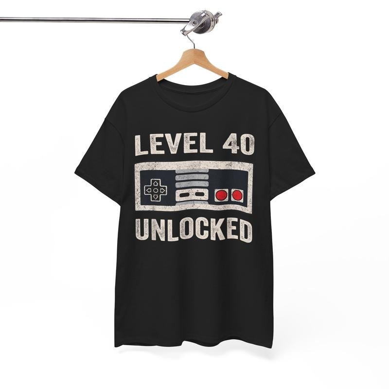 Funny Birthday Shirts, Level 40 Unlocked Video Gamer 40th Birthday Gift T-Shirt - Menswear Casual Cotton Classic Fabric Top
