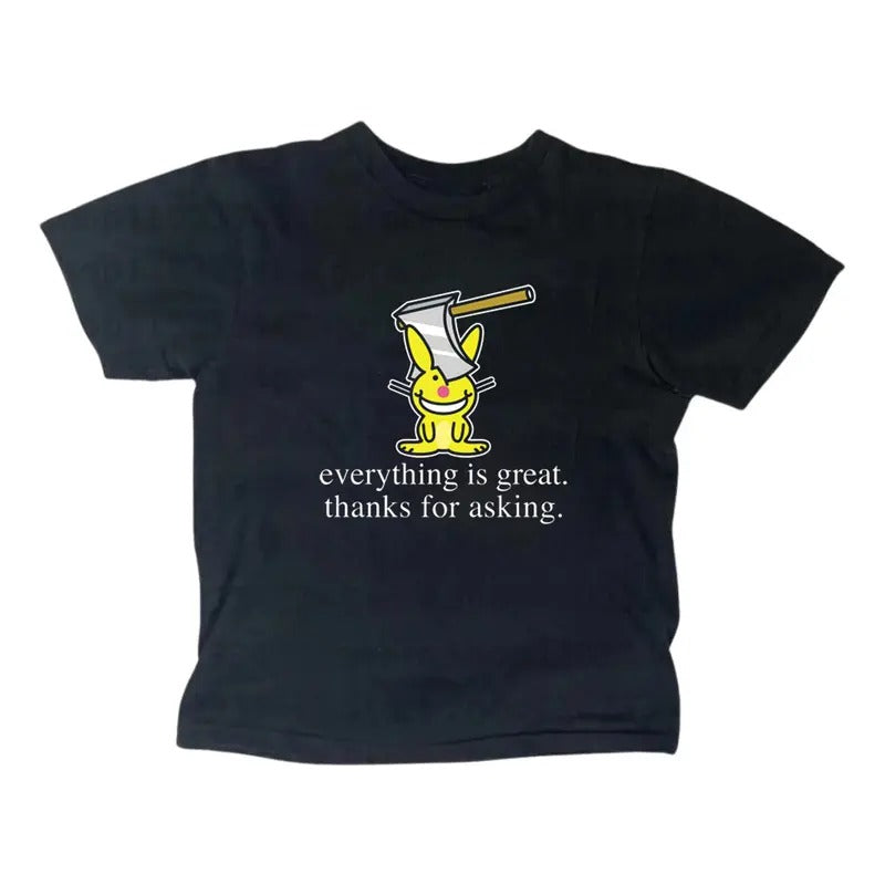 Happy Bunny Everything Is Great Baby Tee, Gothic Emo Girl, Scene Clothing 2000s, Casual Cotton Short Sleeve, Y2k Top Women Streetwear for Summer - Womenswear