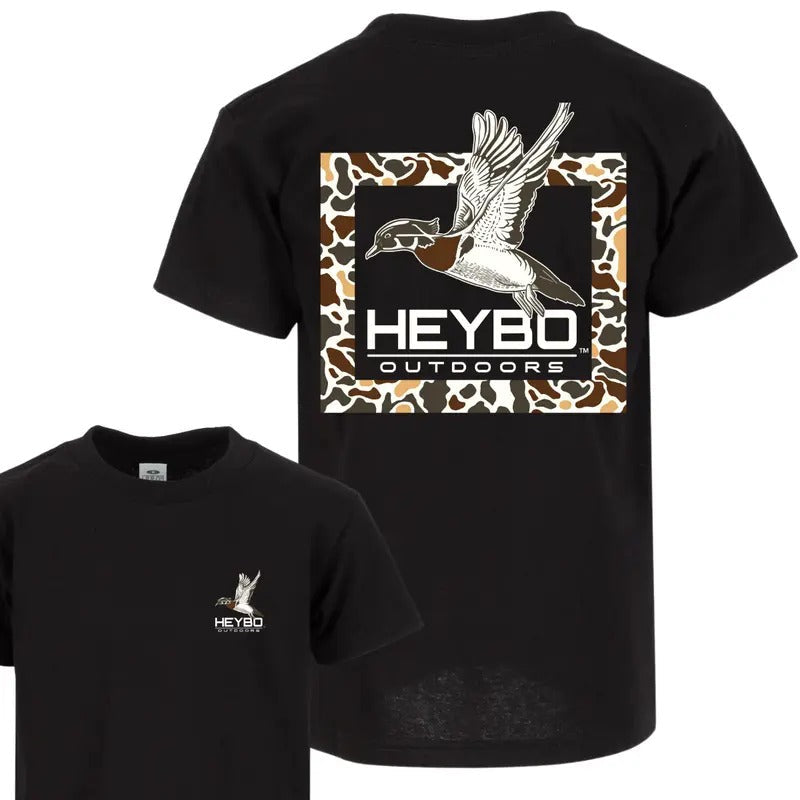 Heybo Outdoors T - Shirt - Featuring A Flying Duck And Camo Pattern Design, Premium Outdoor-Themed Apparel, Perfect For Hunting Trips And Everyday Comfort Menswear