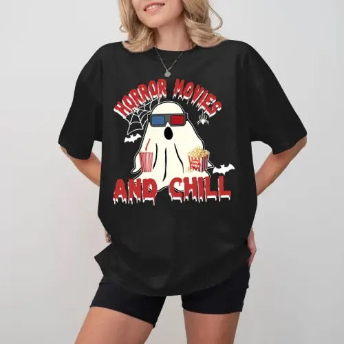 Horro Movies And Chill T-Shirt, Halloween T-Shirt, Ghost T-Shirt, Halloween Gift, Fall Sweater, Sbooky Season T-Shirt, Gift For Fan, Gift For Her, Gift For Him Fabric Top Fit