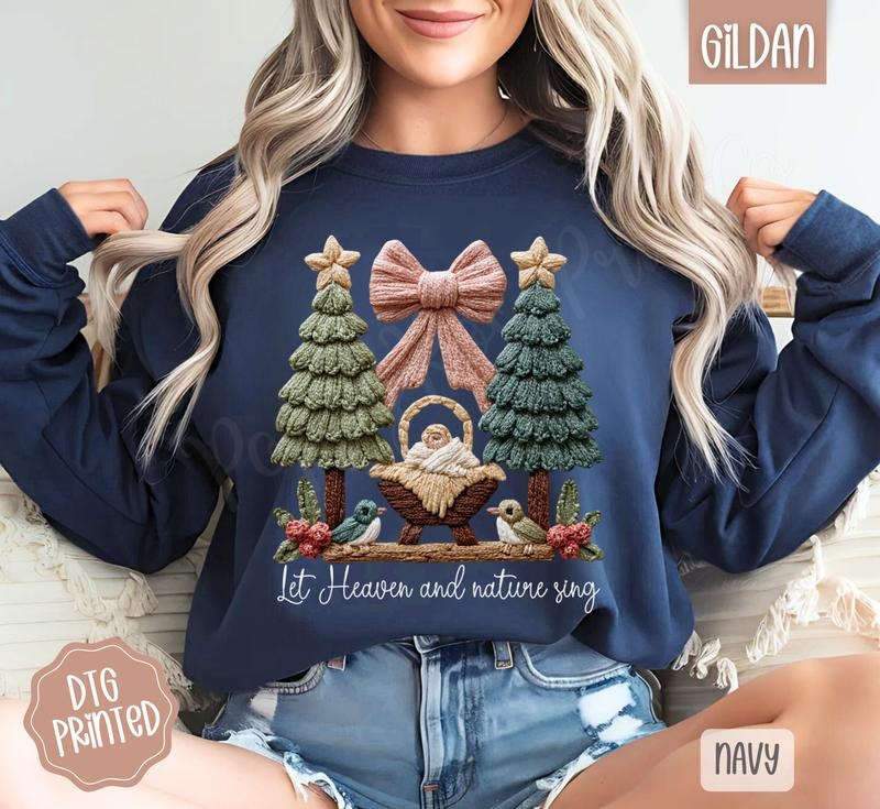 Let Heaven & Nature Sing Faux Crochet Sweatshirt, Trendy Women's Christmas Sweater