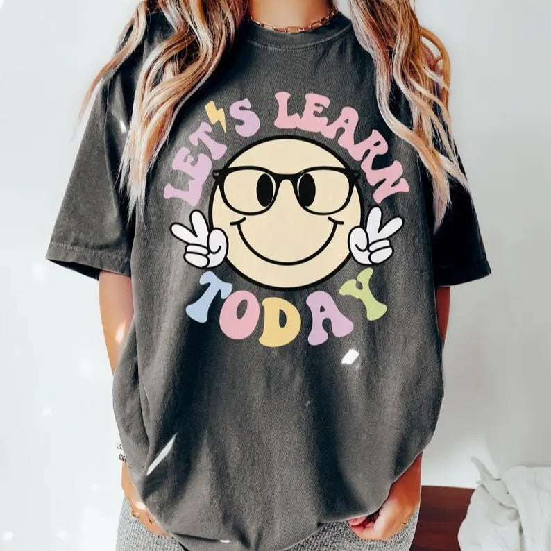 Let's Learn Today Teacher Shirt, Teacher Life Comfort Colors T shirt, Motivational Teacher Shirt, Back To School T shirt, Cute Teacher Tee Collar Cotton Fabric Top Traditional Womenswear Garment Soft