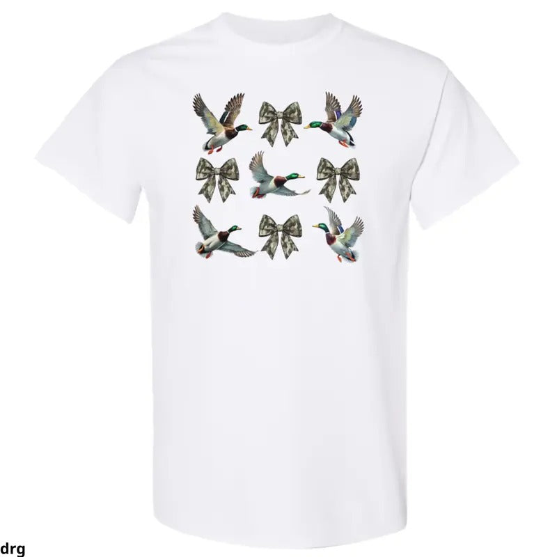 Mallard Duck and Camo Bow T-Shirt, Lightweight and Stylish Hunting-Themed Apparel for Outdoor Enthusiasts, Comfortable Tee for Everyday Wear