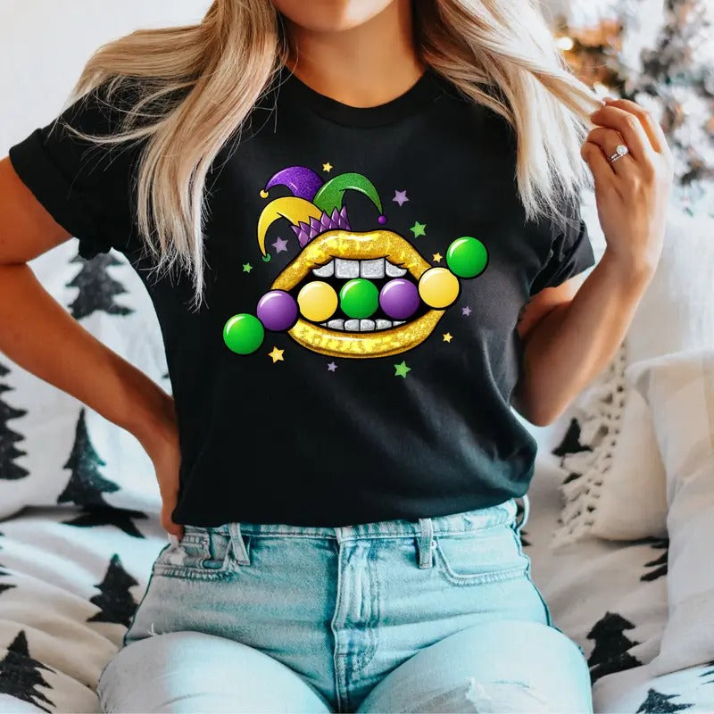 Mardi Gras Lip T-Shirt, Mardi Gras Festival Shirt, Mardi Gras Day Tee, Carnival Mardi Gras Tee, Mardi Gras Gift Shirt For Women, Lips Fleur De Lis T-Shirt.