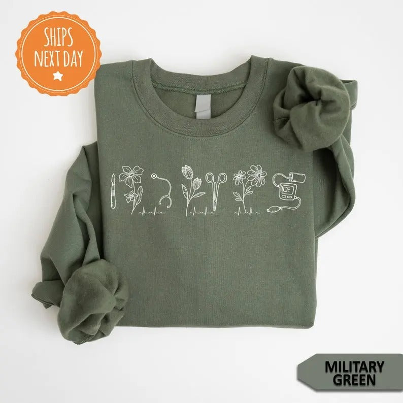 Medical Sweatshirt, Nurse Modern Crewneck - Floral Minimal Sweater - Nicu - Picu - Dr - Peds - L&D - MBU Love Fabric Fitted Hoodie Oversized Spandex Menswear Apparel