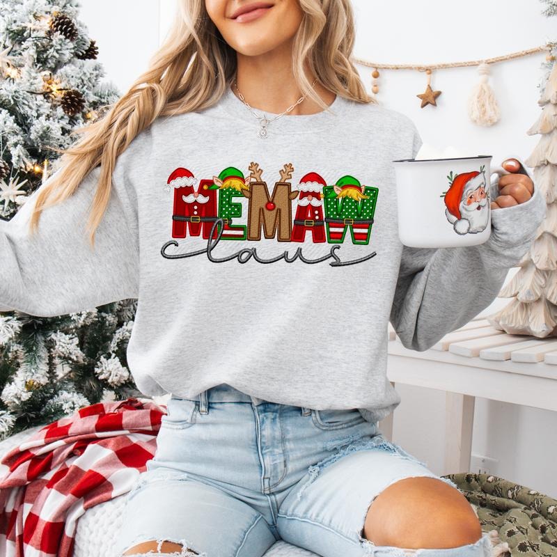 Memaw Claus Faux Embroidery Sweatshirt