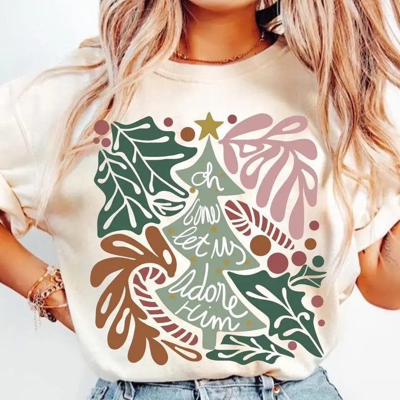 Oh Come Let Us Adore Him, Jesus Christmas, Boho Christmas Tree, Hand Drawn, Christian Christmas Tshirt