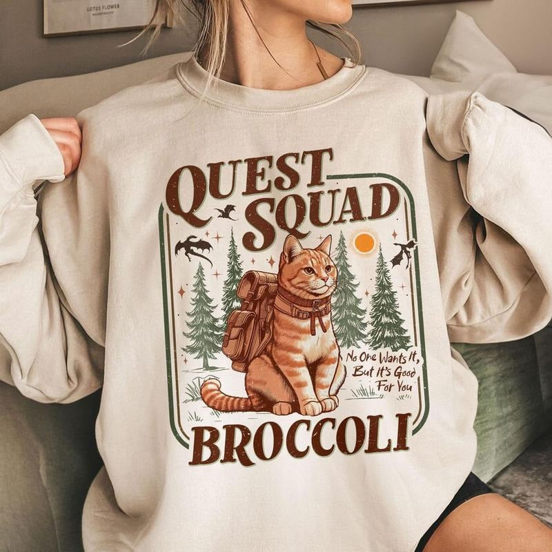 Onyx Storm Quest Squad Broccoli Tshirt Sweatshirt, Broccoli Cat, Ridoc Romantasy Fan Shirt, Dragon Rider, Bookworm Gifts, Unisex Sweater Pullover Tee