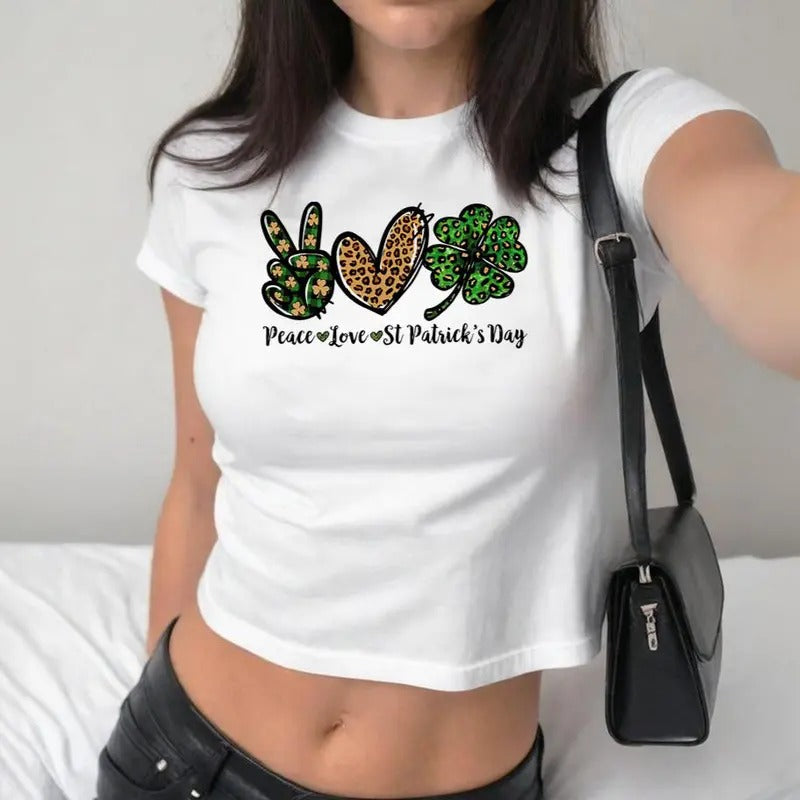 Peace Love St Patrick's Day Baby Tee, Buffalo and Leopard Shamrock , Lucky Clover St. Patrick's Day, St Paddys Women , Y2K 2000's Style