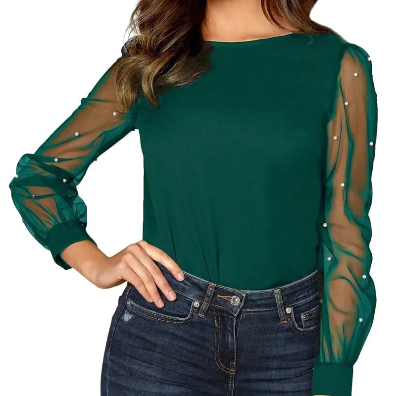Pearl Sheer Mesh Long Sleeve Tops Blouse