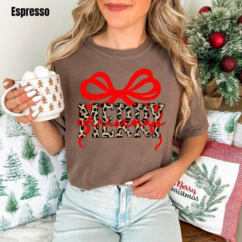 Red & Cheetah Merry Bow Comfort Colors T-Shirt 'NLB'