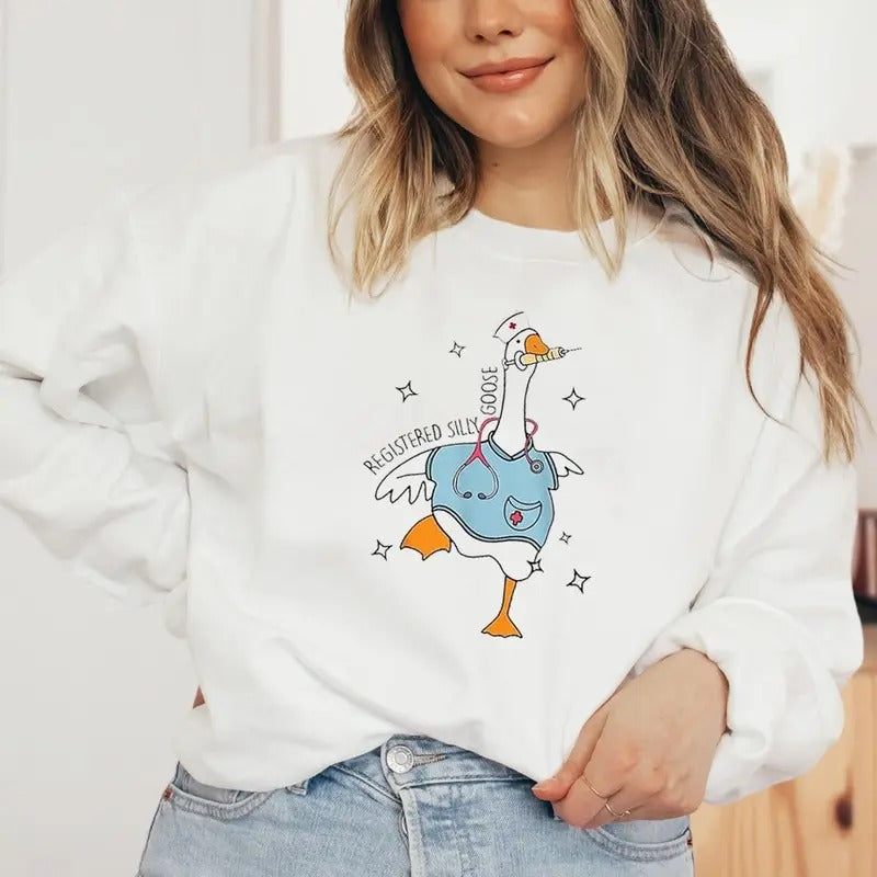 Registered Silly Goose Nurse Funny Sweatshirt Casual Street Style Fleece Crewneck Pullover Sweatshirt For Women For Men, Perfect Gift