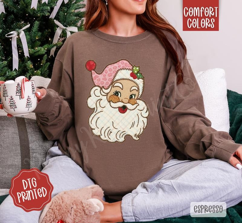 Santa Patch Comfort Colors Long Sleeve T-Shirt, Cute Women's Christmas Tee