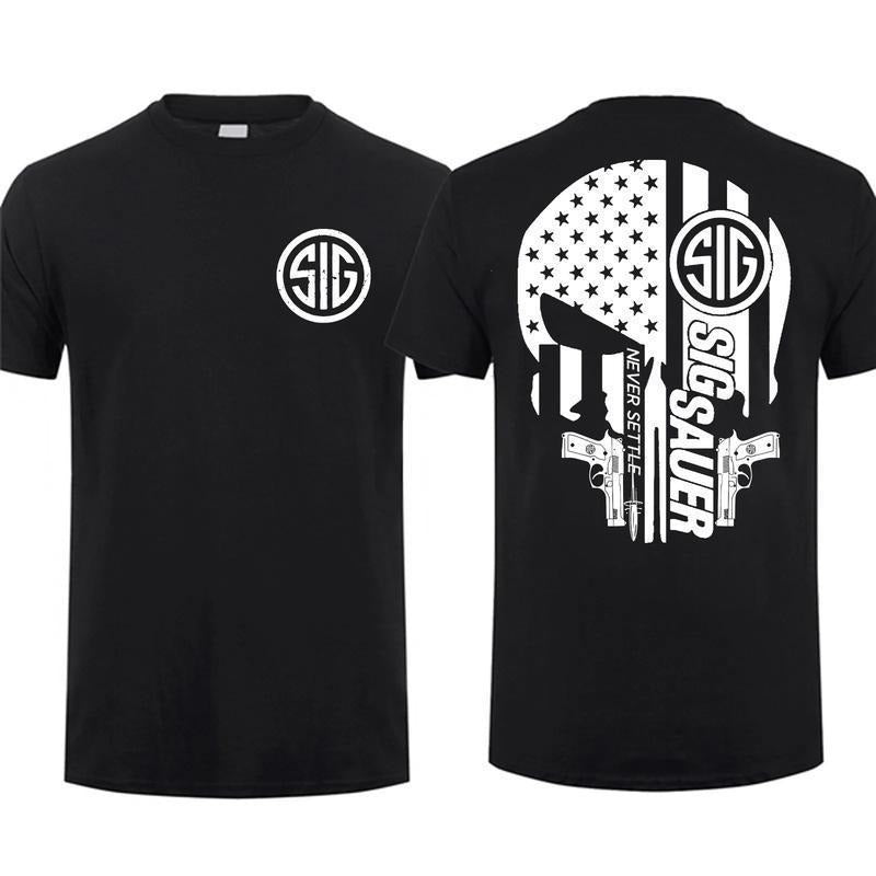 Sig Sauer Skull Gun America Flag 2 Sided T-shirt - Tactical Gear Gun Lover Nature Hunting Enthusiast Outfit Gift For Men And Women Dad Cotton