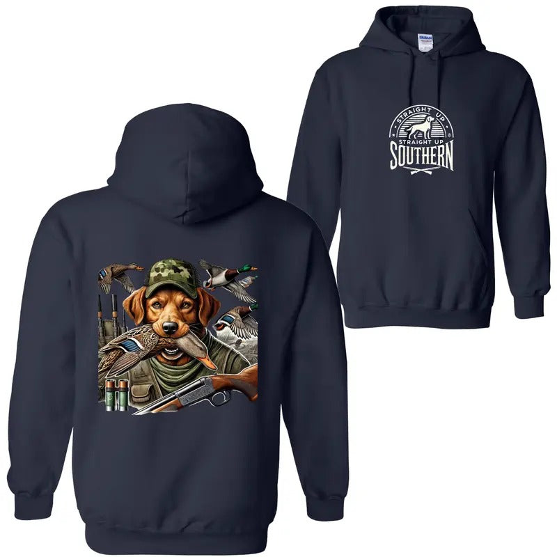 Straight Up Southern Duck Hunting Sweatshirt, Hoodie - Camo Dog and Mallard Graphic for Outdoor Enthusiasts, Cozy Pullover for Hunting Adventures