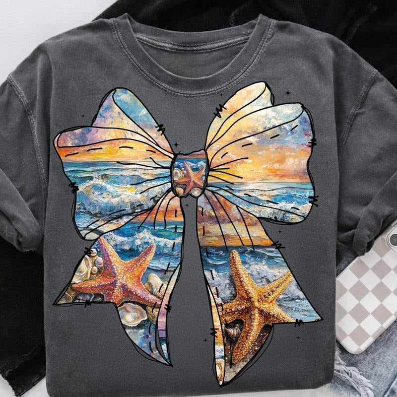Summer Coastal Ocaen Coquette Girly Bow Shirt, Beach Summer Coastal Girly Tee, Summer Girly Coquette Bow Gift for Her