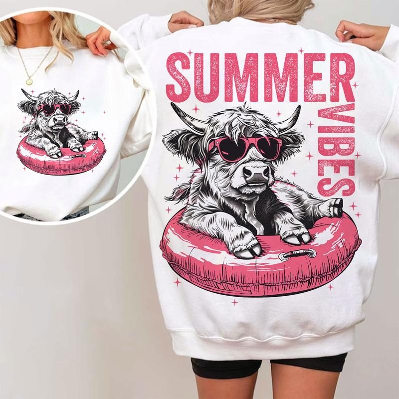 Summer Vibes Cow Shirt 2 Side, Retro Summer Shirt, Funny Beach Shirt, Cute Beach Tshirt, Trendy Womens Tee. Gift For Her