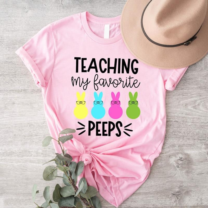 Teaching My Favorite Peeps Shirt, Easter Teacher T-Shirt, Matching Teachers Group Tee For Easter, Teacher Gift Short Sleeve For Spring, Teaching School Crew Easter Shirt.