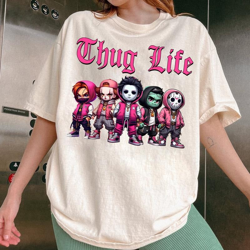 Thug Life Pink Cute Chibi Horror Movie Characters Shirt Sweatshirt, Halloween Shirts Women, Halloween Horror Nights 2024