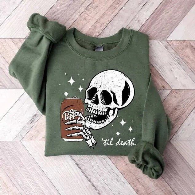 Till Death Dr. Pepper Sweatshirt, Skeleton Sweatshirt, Halloween Sweater, Cute Dr Pepper Shirt, Skeleton drinking Dr. Pepper Sweatshirt