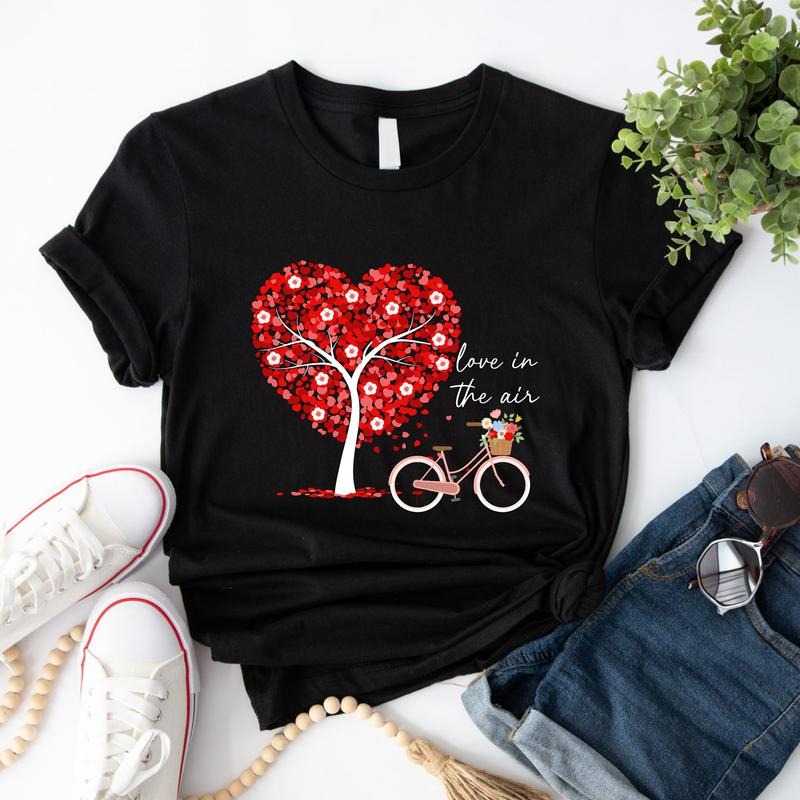 Valentines Couple Bike T-shirt, Valentines Heart Shirt, Love Balloons Tee, His And Hers Heart Tree Short Sleeve, Cute Gift For Girlfriend. heartmapprintsummertee