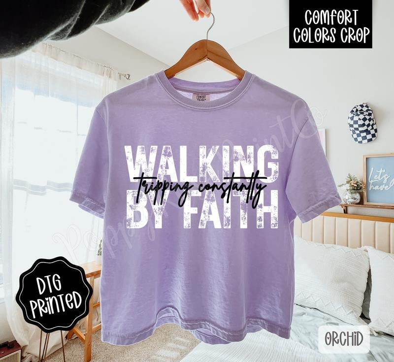 Walking By Faith Cropped Comfort Colors Tee, Trendy Tshirt for Women