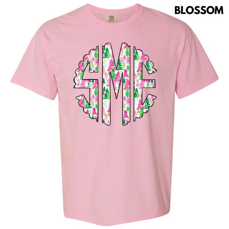 Watercolor Christmas Monogram Comfort Colors T-Shirt 'NLB'