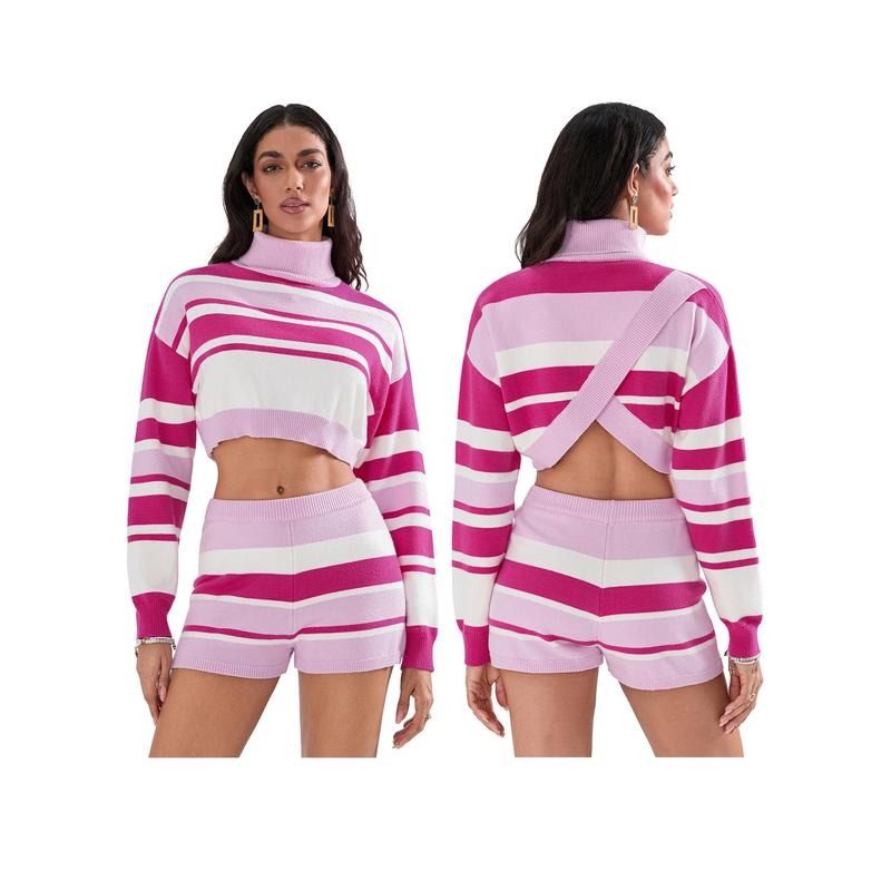 Women's 2 Piece Outfits Sweater Set Stripe Turtleneck Long Sleeve Knit Tops Elastic Waist Shorts Set Womenswear Check