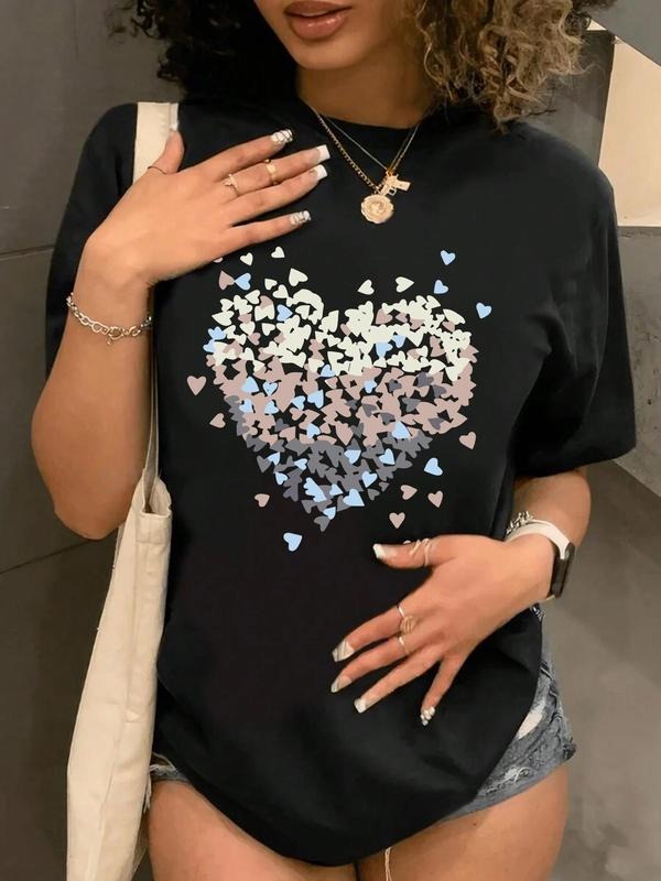 Women's Heart Print Round Neck Tee, Casual Short Sleeve Crew Neck T-Shirt for Daily Wear, Ladies Clothes for All Seasonsstyle{n002}3