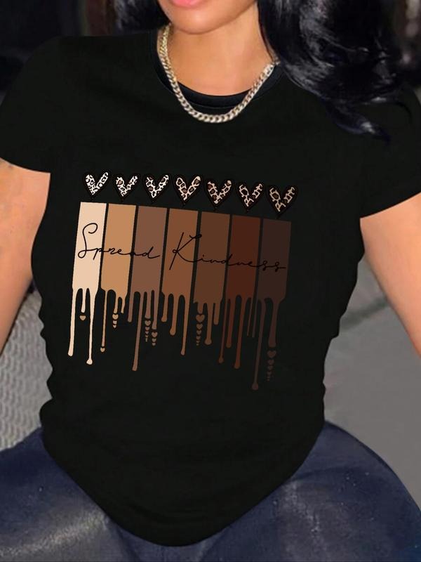 Women's Leopard & Heart Print Round Neck Tee, Fashion Casual Crew Neck T-Shirt for Daily Holiday Vacation Outdoor Wear, Ladies Clothes for All Seasons
