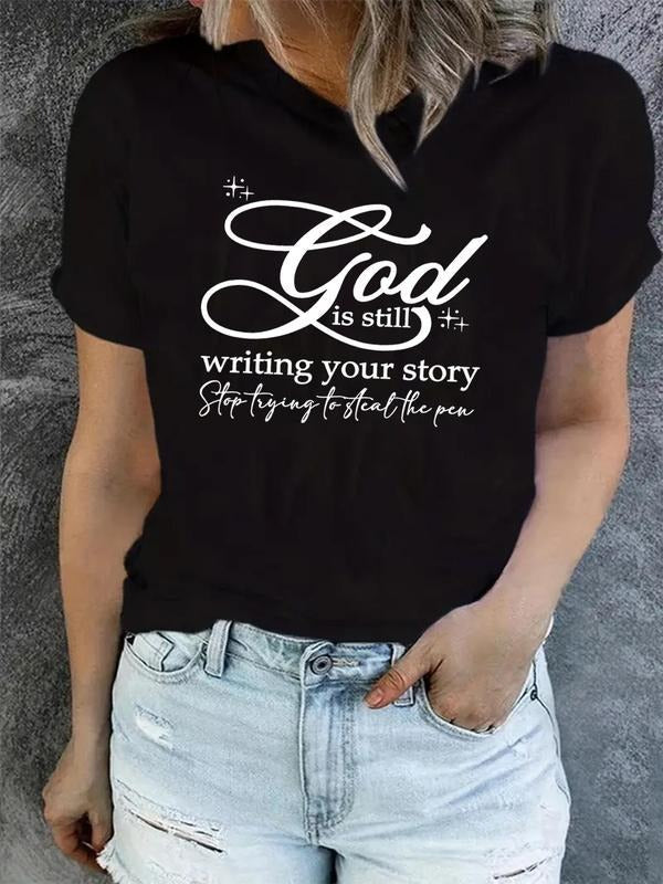 Women's Letter Print Round Neck Tee, Casual Short Sleeve Crew Neck T-shirt for Daily Wear, Ladies Clothes for All Seasonsstyle{n002}16