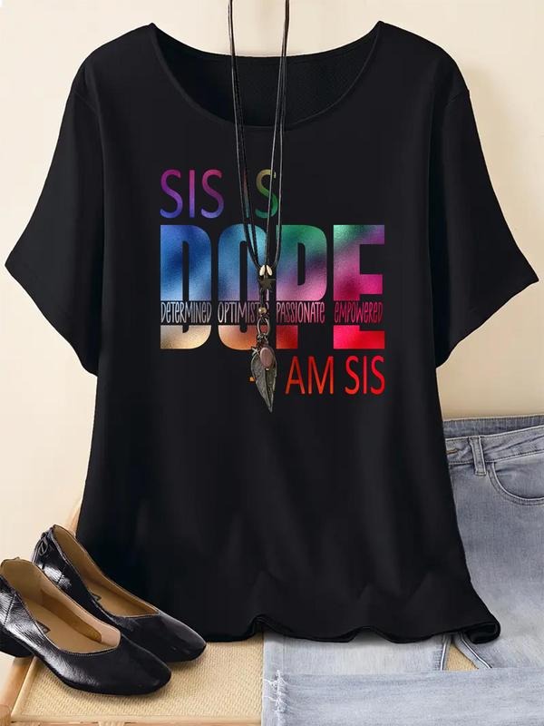 Women's Letter Print Round Neck Tee, Fashion Casual Crew Neck Short Sleeve T-shirt for Daily Holiday Vacation Outdoor Wear, Ladies Clothes for Summerstyle{n002}5