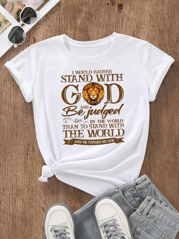 Women's Lion & Letter Print Round Neck Tee, Fashion Casual Crew Neck Short Sleeve T-Shirt for Daily Holiday Vacation Outdoor Wear, Ladies Clothes for All Seasons