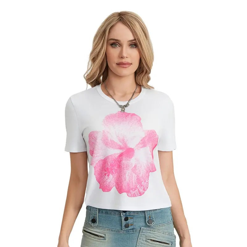 Women's Summer Tops Slim Casual Round Neck Short Sleeve Flower Print Baby Tee Shirts Streetwear Clothes Cotton Lady